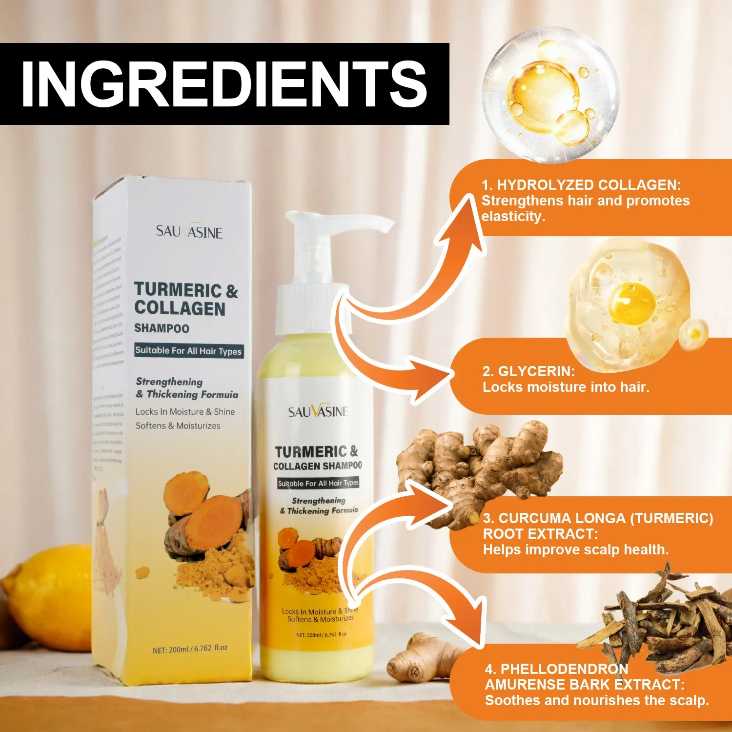 Turmeric Collagen Shampoo for Strengthening Hair Volumizing Thicken Oil Control Nourishing Shampoo Smoothing Hair Care Product 5