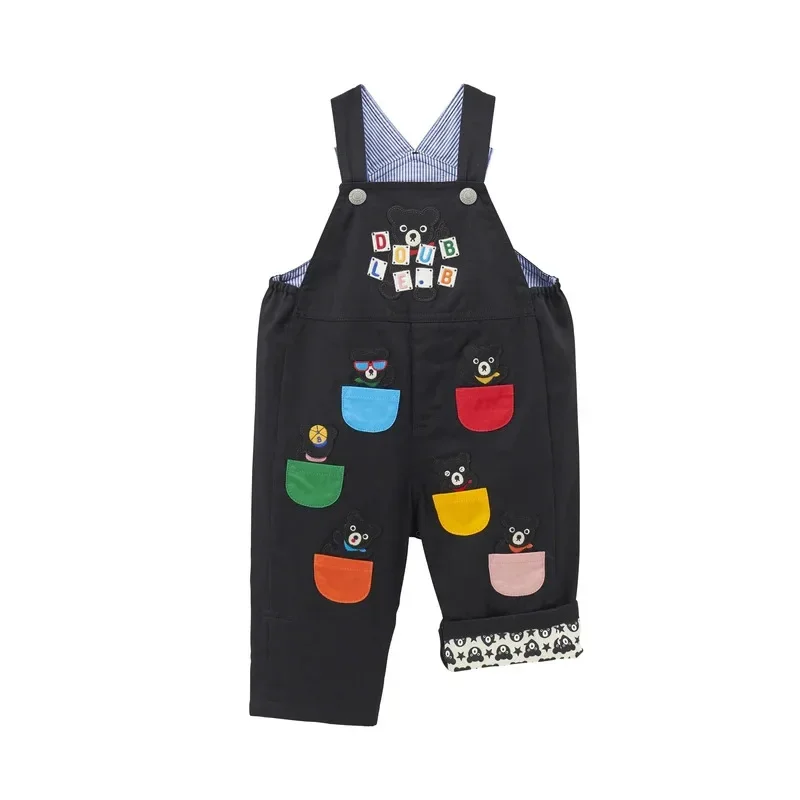 Boys' Trousers New Children's Cartoon Black Bear Color Pocket Embroidered Bib Jeans