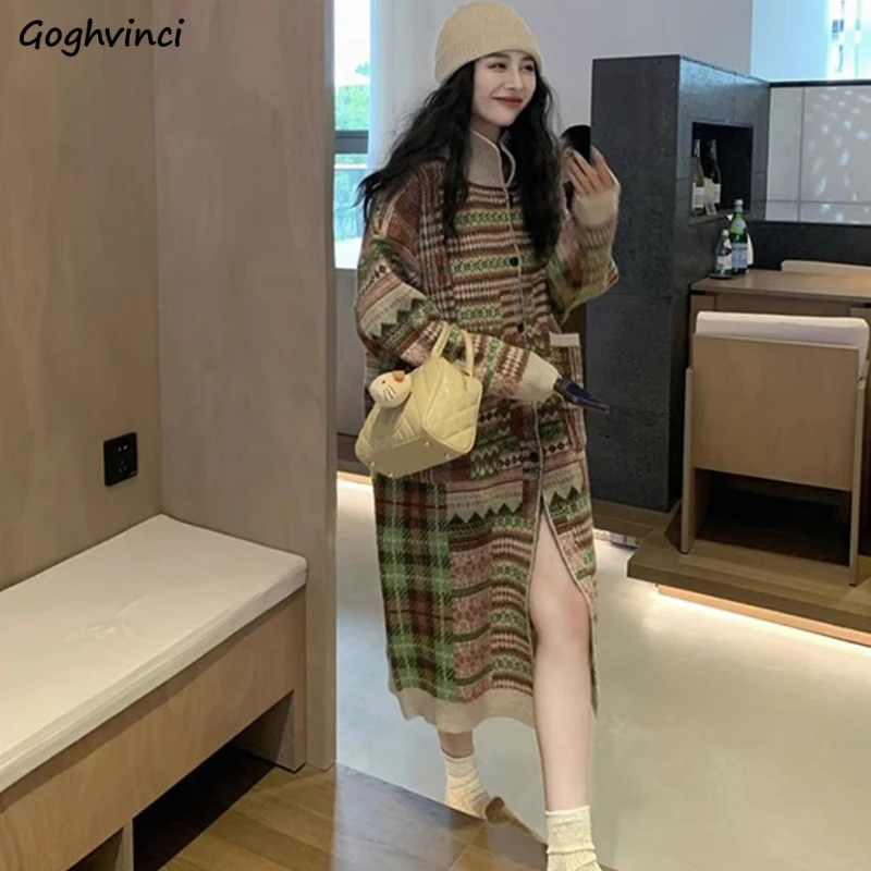 

Long Style Cardigan Women Vintage Stand Color Single Breasted Knitted Sweaters Chic Korean Autumn Winter Printed Retro Fashion