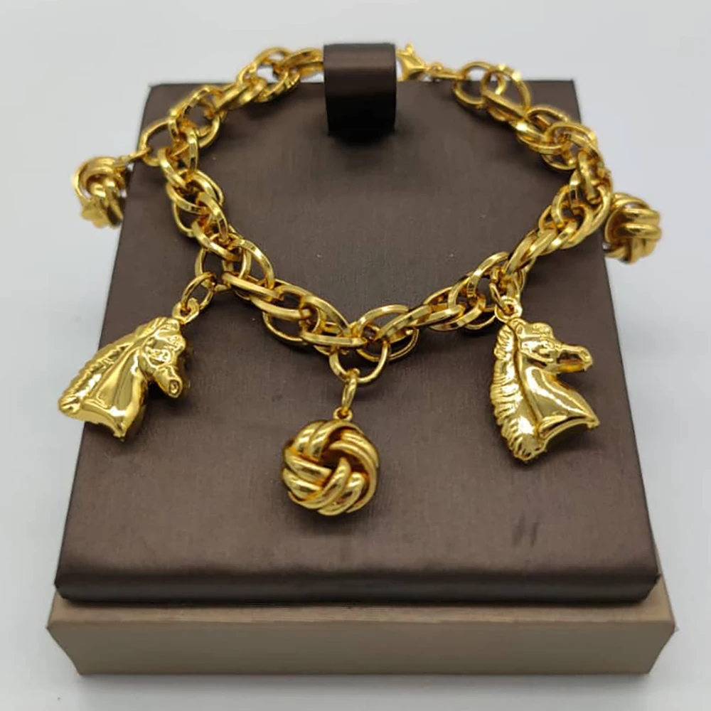 African Jewelry Set for Women Pendant Design Chain Bracelet Gold Plated Cute Bangle Birthday Party Gifts Hand Accessories