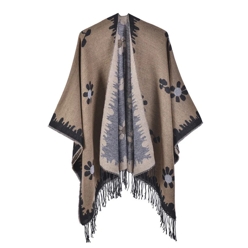 

Imitation Cashmere Poncho Fashionable Autumn Winter Shawl New Small Fresh Flower Cardigan With Tassel Split Warmth Cape Cloak K1