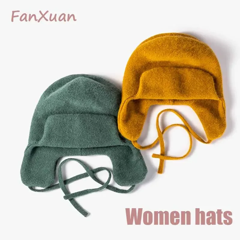 

2021 New Design Winter Women Hats Bomber Hats for Women Cute Girl Cap Outdoor Riding Bonnets Wool Blending Solid Beanies Warm