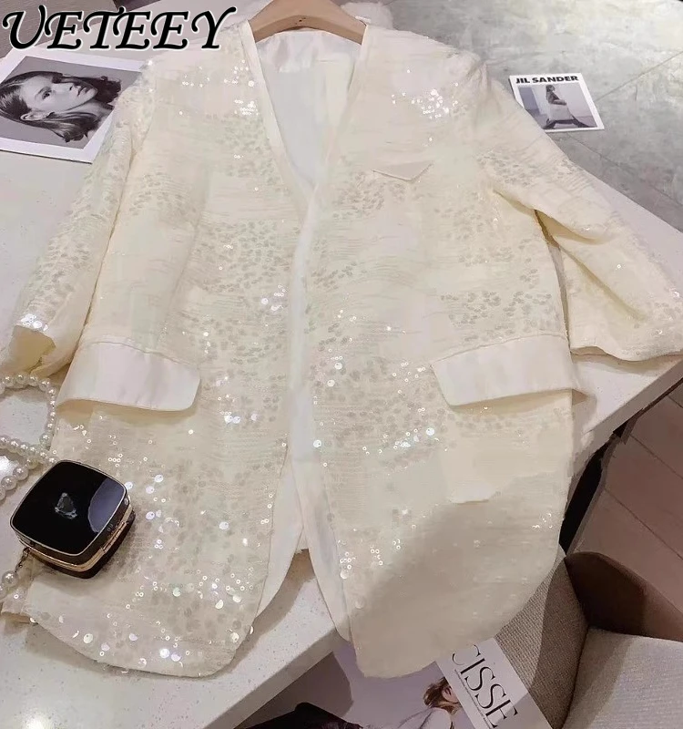 

2024 Summer New Heavy Embroidery Sequins Socialite Collarless Suit Jacket Women's Mid-Length Outer Match Half Sleeve Coat