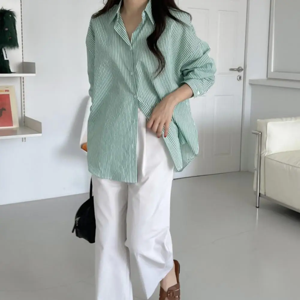 

Рубашка женская свободного покроя, удобная эластичная сорочка с отложным воротником и длинным рукавом, в полоску, с принтом, мягкая, для работы