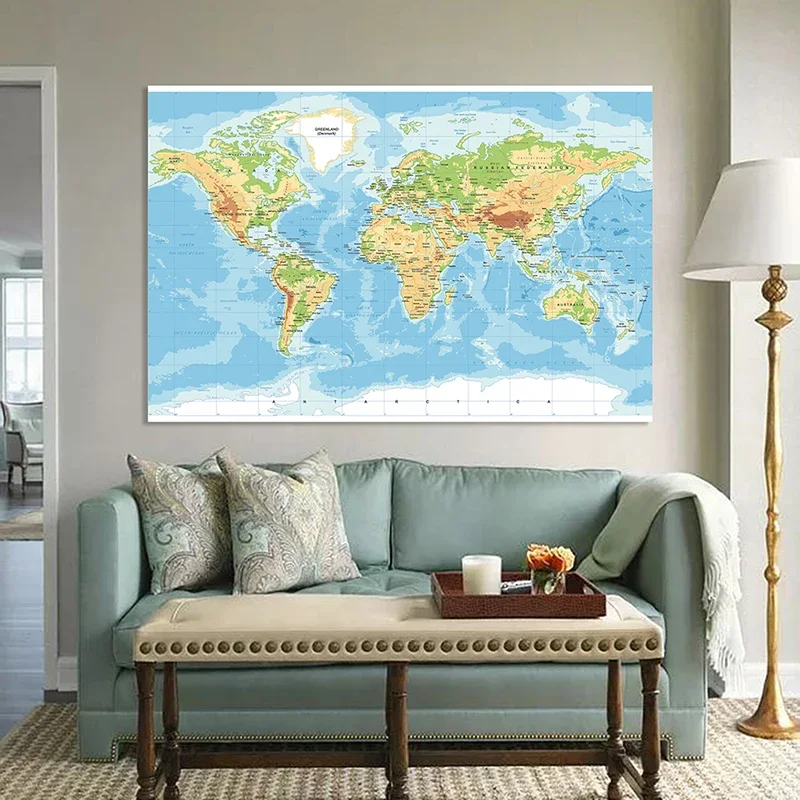 150*100cm Terrain Map of The World Wall Art Poster Large Canvas Painting Education School Supplies Office Classroom Home Decor