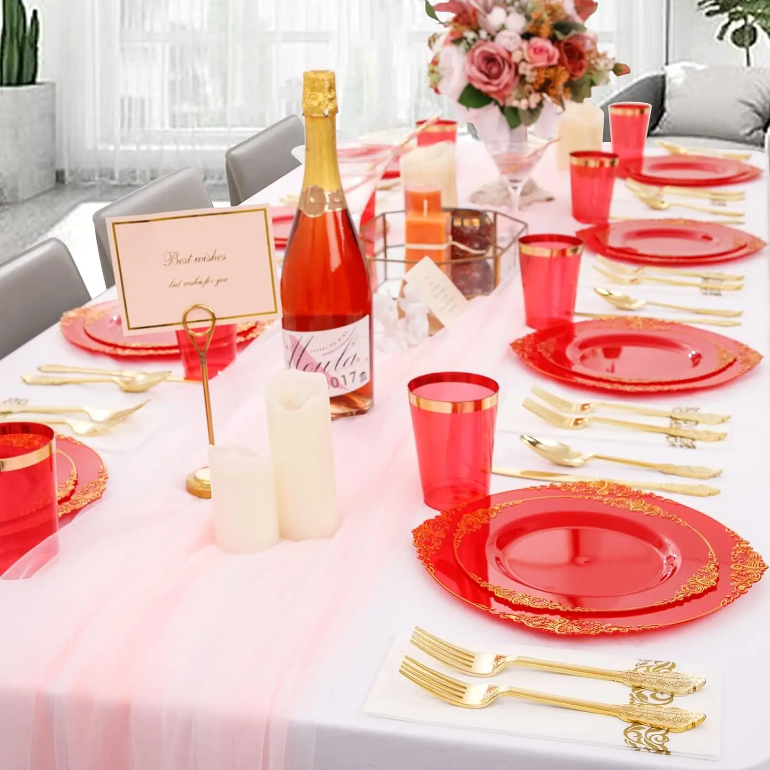 175PCS Red Plastic Plates,Red Disposable Plates With Gold Rim,Red and Gold Plastic Dinnerware Set Includes: 50 Plates NEW USA