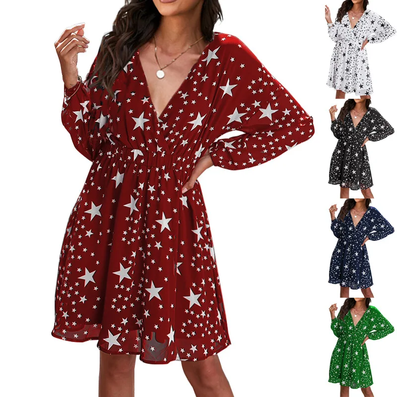 Women Summer Dress 2022 New Leisure Fashion Stars Printed Gauze Sleeve