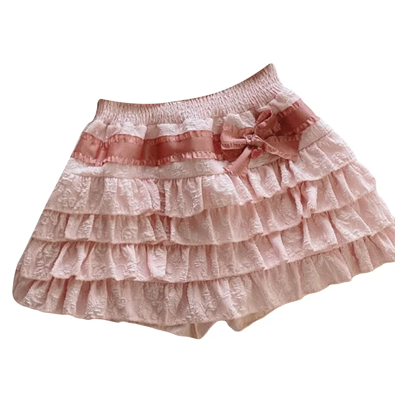 

Women's Lolita Kawaii Mini Skirts Elastic Waist Tiered Ruffle Mini Skirts Japanese Korean Cute Sweet Bow Skirt Y2k Clothes