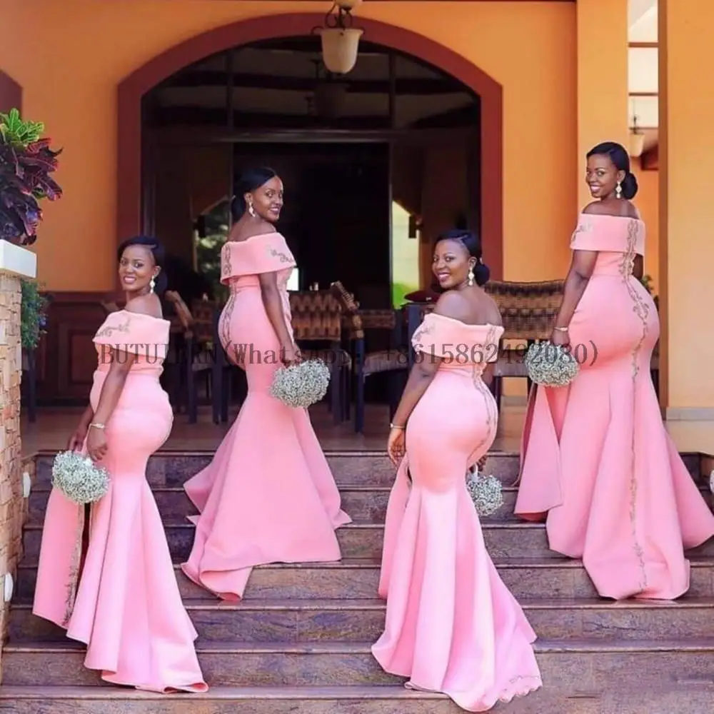 

Nigerian African Arabic Pink Bridesmaid Dresses Off Shoulder Floor Length Maid of Honor Gowns Split Evening Dresses Plus