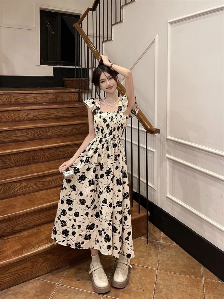 

Flying Sleeve Dress Women's Summer New Hepburn Style Fashion Long Dresses Vestidos Sense Floral Waist Slimming Tea Break Skirt