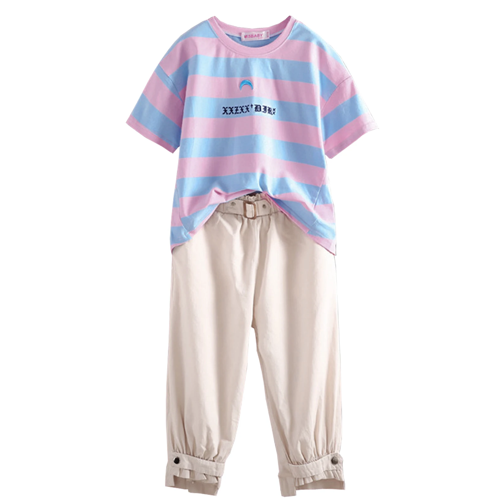 

Girls Summer Tracksuits Stripes Tops with Cropped Pants Casual Kids Short Sleeve T-Shirt Bottoms Teenagers Sports School Suits