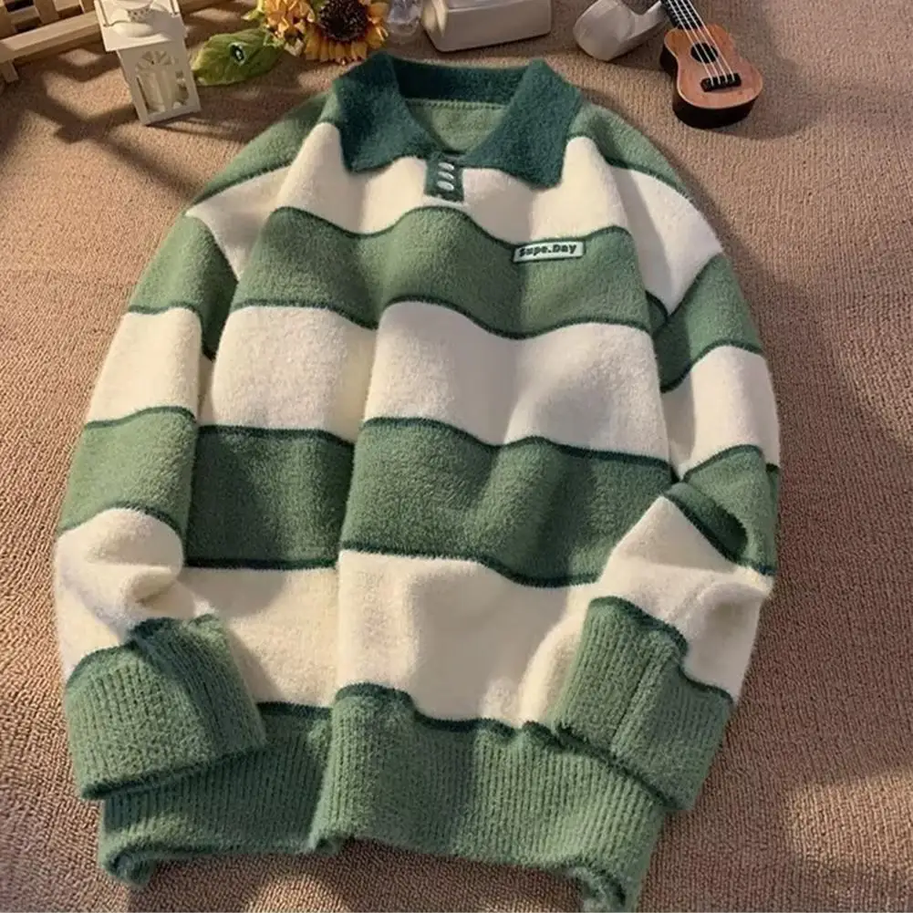

Men Women's Sweater Lapel Design Winter Warm Knit Tops with Loose Fit Striped Print Lazy Style Couple for Autumn Knit Pullover