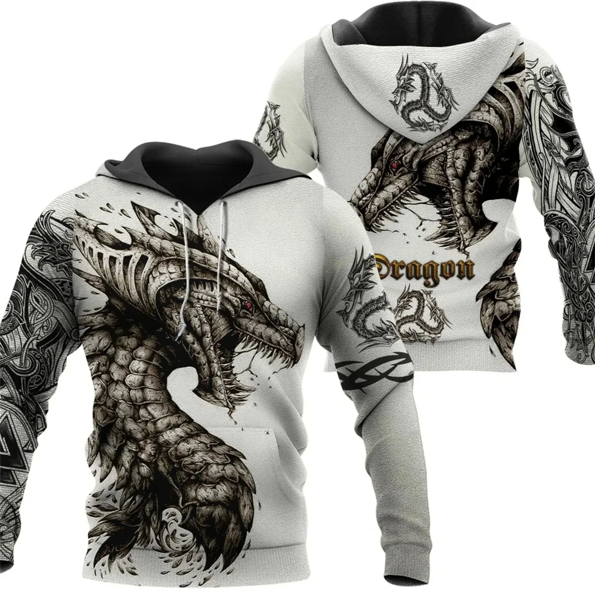Sudadera con capucha para hombre, jersey con estampado 3D de dragón de tatuaje en blanco y negro, ropa de calle Unisex, chaqueta