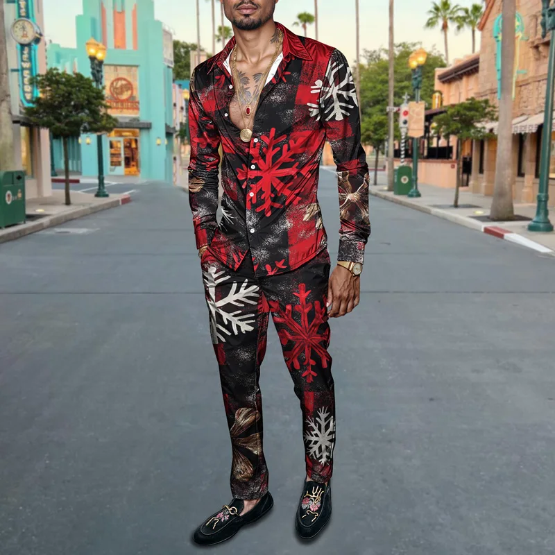 2025 Spring Summer Men Shirt Set Christmas Print Fashion Gingerbread Man Two Piece Set Mens Snowman Lightweight Party Long_viptrois.com