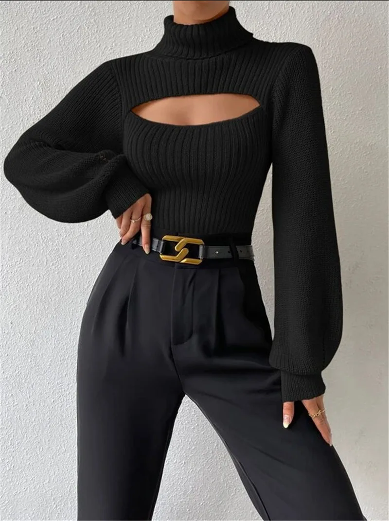 Hollow Out Knit Sweater Pullover For Women Turtleneck Fashion Ribbed High Street Long Sleeve Knitwear Loose Sweater Female