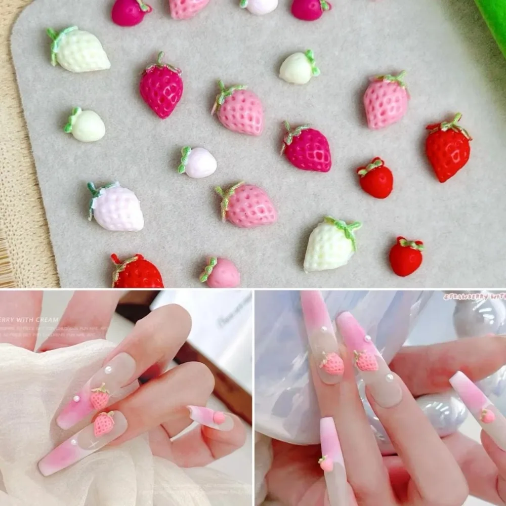 50PCS Resin Strawberry Nail Decorations Macaron Colored Cartoon Nail Art Charms Nails Crafts Simulated Strawberry Nail Stickers