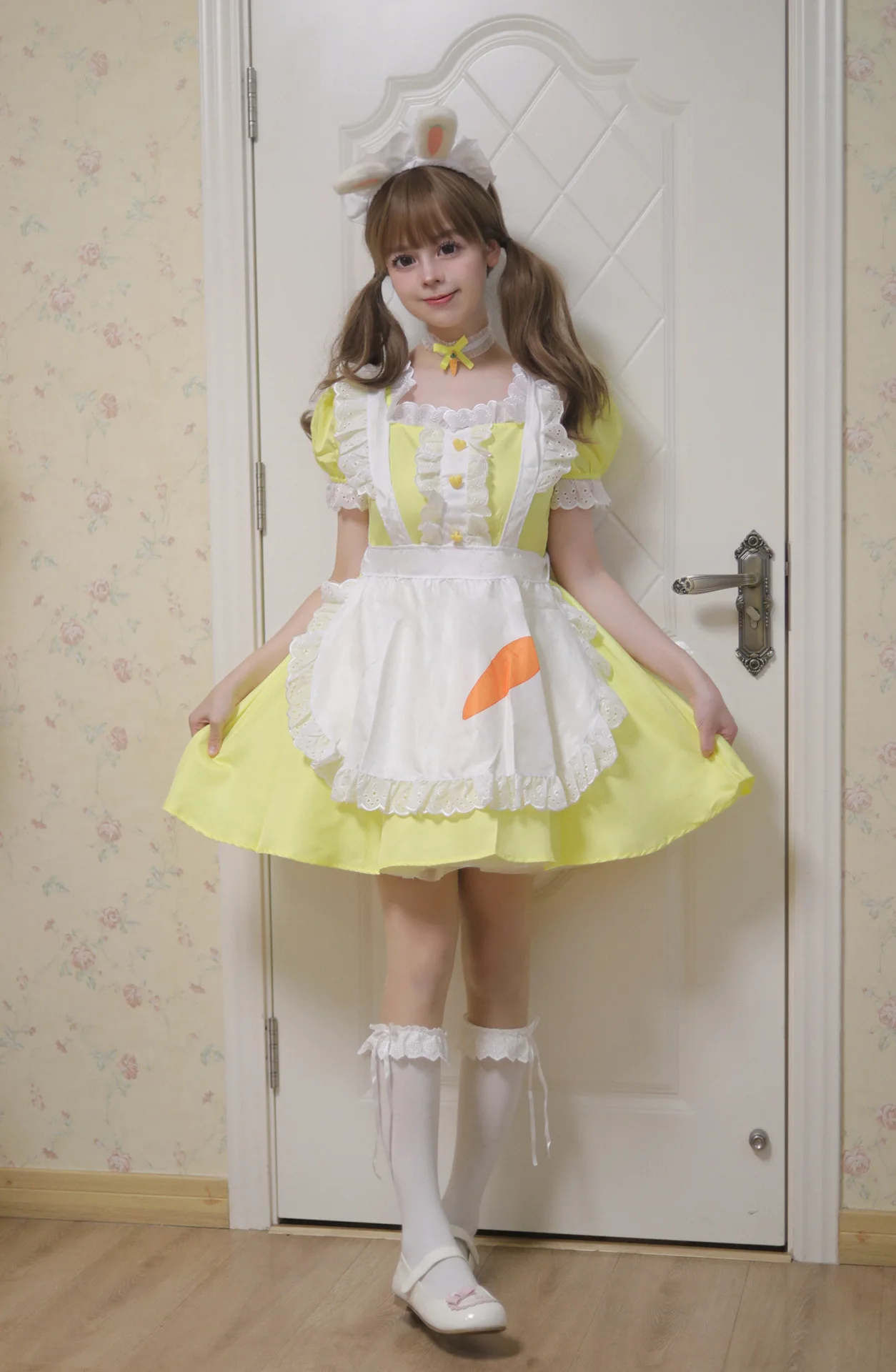 Cosplay Maid Kleid Gelb mit Schürze Anime Lolita Kostüm Damen 11