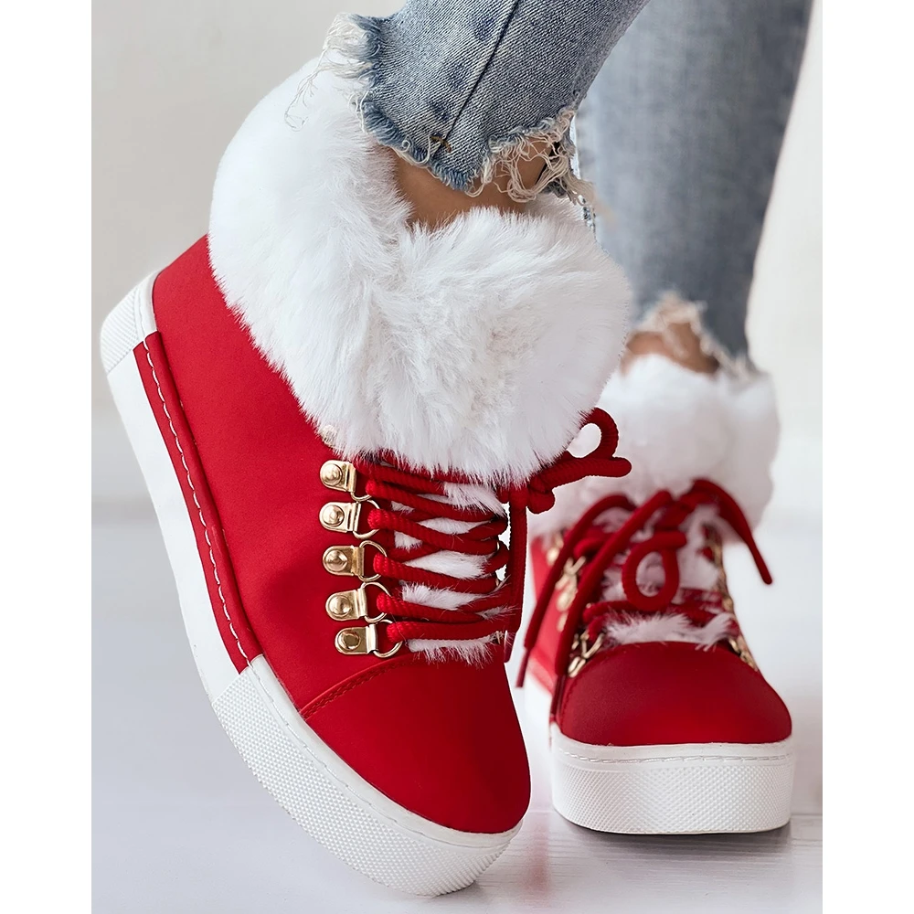 Christmas Winter Women'S Colorblock Fuzzy Lined Lace-up Ankle Boots Casual Round Toe Flat Snow Boots Daily Korean Style New Year
