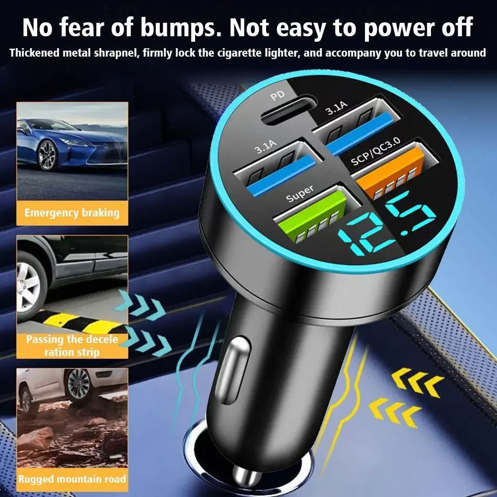 Fast Charge Car Charger with Digital Display and 5 Port