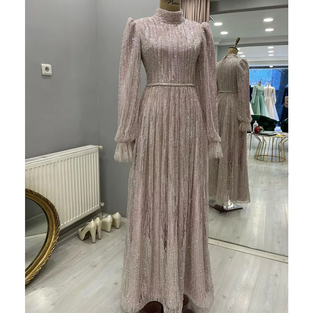 

Muslim Elegant Nude A Line Beaded Luxury Dubai Evening Dresses Gowns For Women Wedding Party 2024