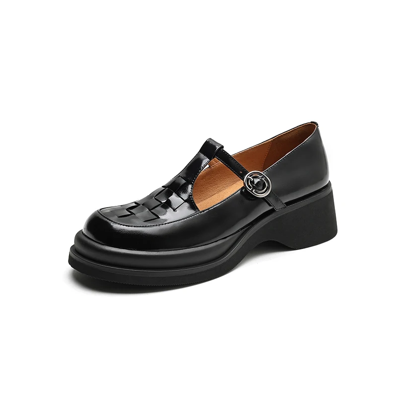 

Women pumps natural leather 22-25cm cowhide+pigskin full leather round toe Knitted t-shaped buckle mary jane shoes womens shoes