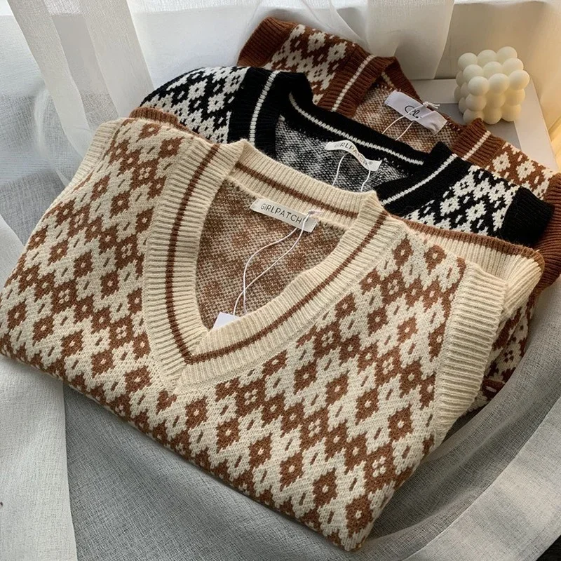 Vintage Knitted V Neck Pullover Vest Brown Fall Winter Women Retro Sweater Vest Sleeveless Warm Sweaters Y2k Casual Oversize Top