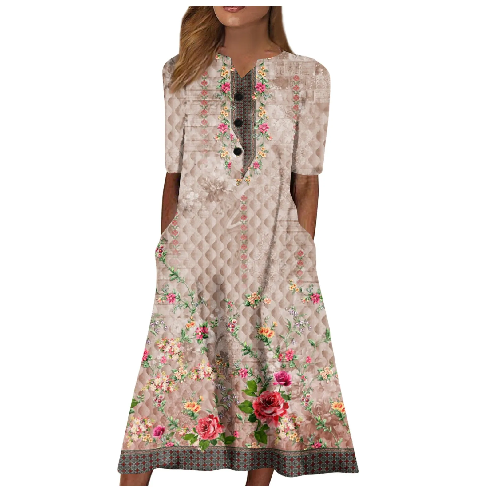 

Vintage Long Dresses For Women 2023 Summer Casual Printing Fashion V-neck Short Sleeved Beach Swing Dress Women's Summer Dress