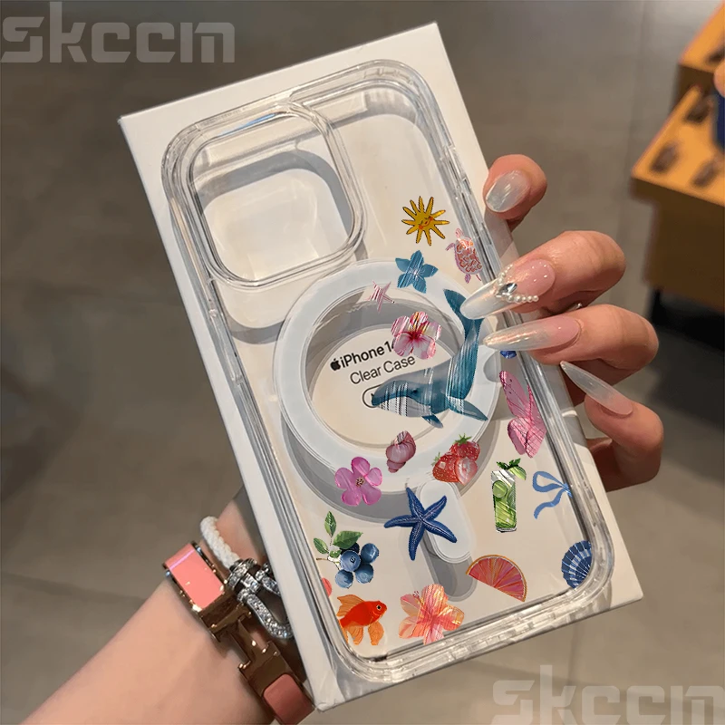 Ocean Life Theme Clear Phone Case with Magnetic Wireless Charging Cover