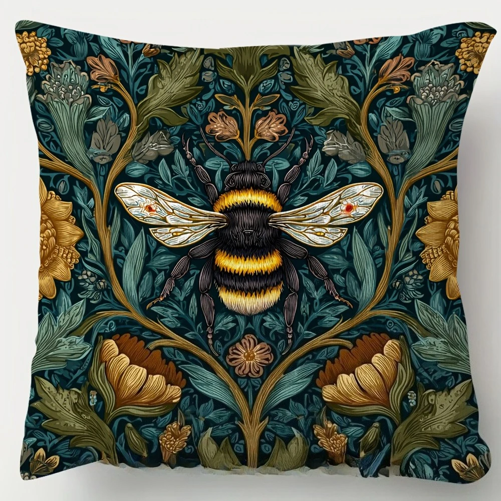 1-teiliger Kissenbezug im Vintage-Stil, Blumen- und Bienenmuster, universell einsetzbar für Wohnzimmer, Schlafzimmer und Büro, Reißverschluss – Detail 2