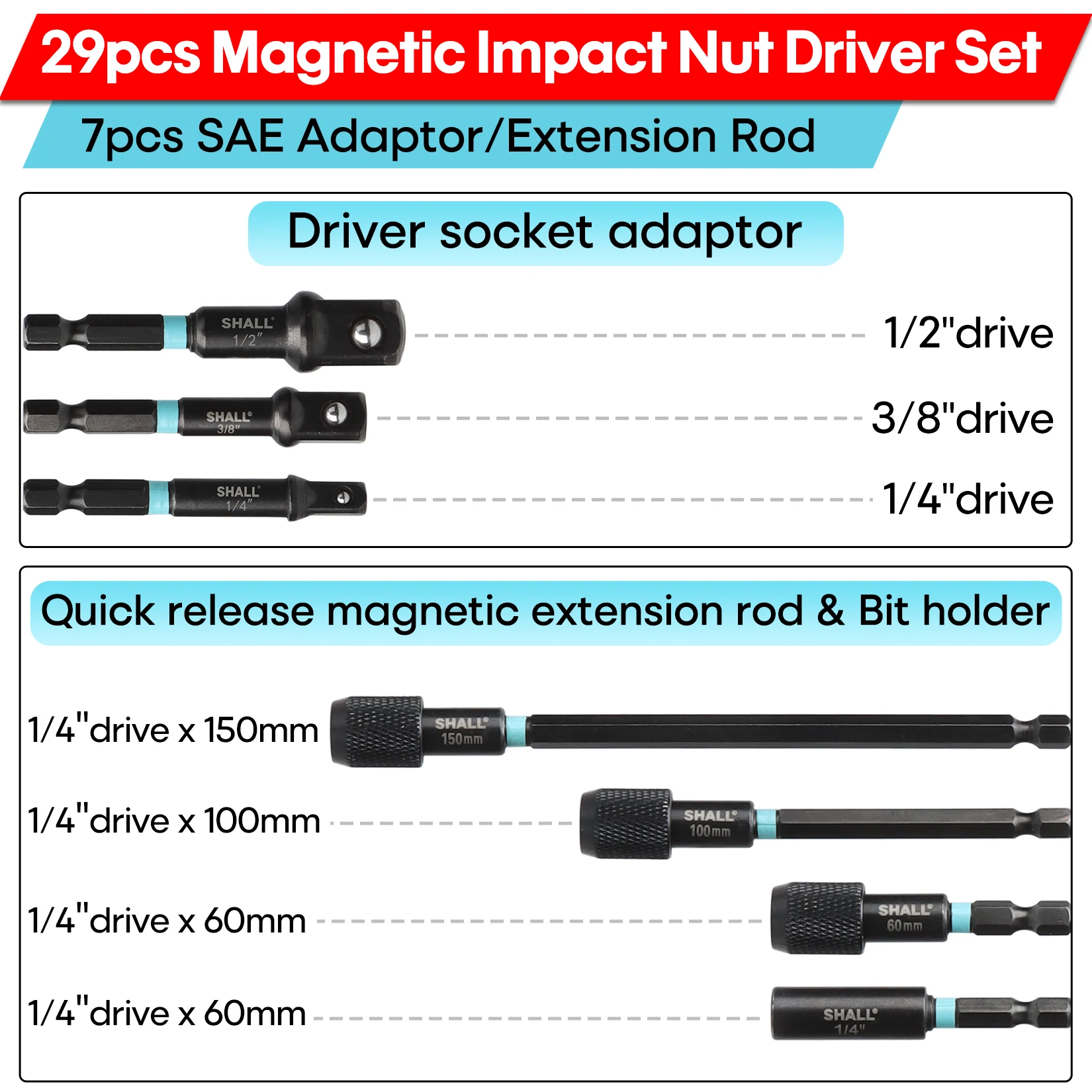 SHALL 29Pcs Magnetic Nut Driver Set Impact Drill Driver Bit 1/4" Hex Shank Metric SAE Nut Driver Impact Socket Adapters 3