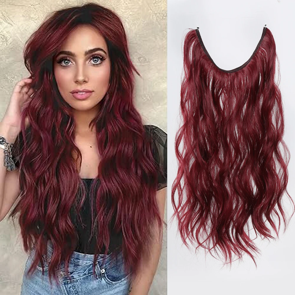 

HAIRCUBE Synthetic Wine Red No Clip Hair Extensions Long Wavy Fish Line False Hairpiece For Women Daily Use One Piece Hairpiece