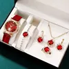6PCS Set Green Luxury Quartz Watch Women Ring Necklace Earring Rhinestone Fashion Wristwatch Casual Ladies Bracelet Watches 6PCS - Red