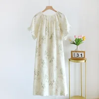 2026 New Women's Pajama Skirt 100% Pure Cotton Crepe Medium Length Short Sleeve Pajama Skirt Fragmented Flower Sweet Home Dress - Image 2