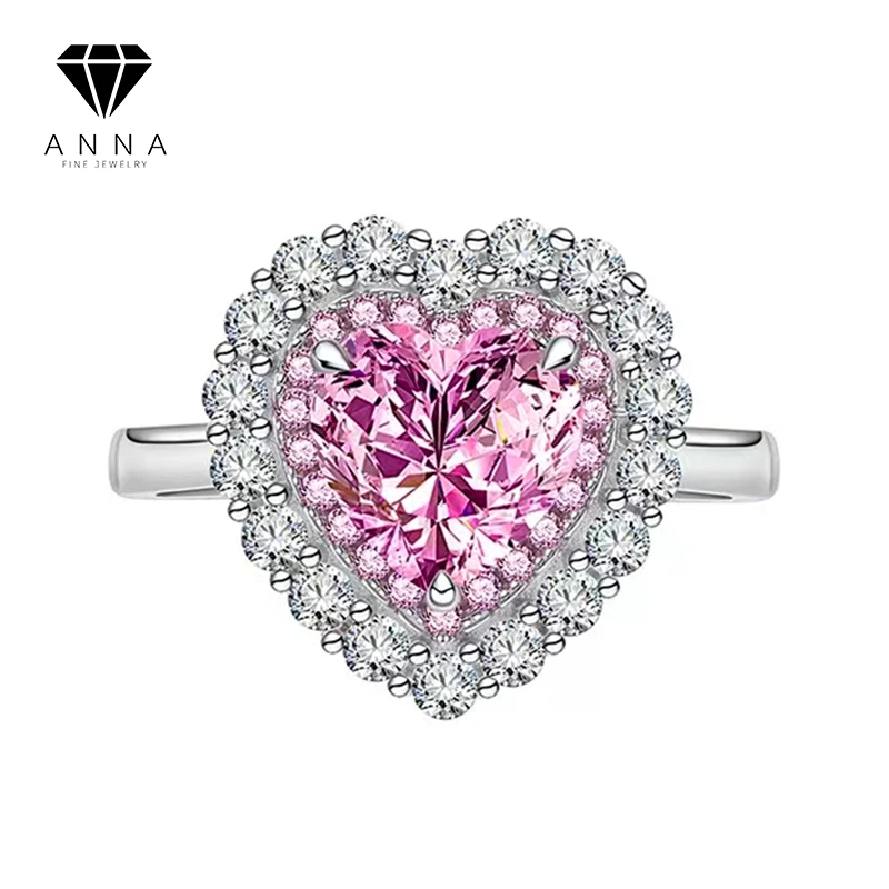 

New Trendy Pink Love Ring For Women 100% 925 Sterling Silver Heart-Shaped Diamond Luxury Wedding Engagement Fine Jewelry Gift
