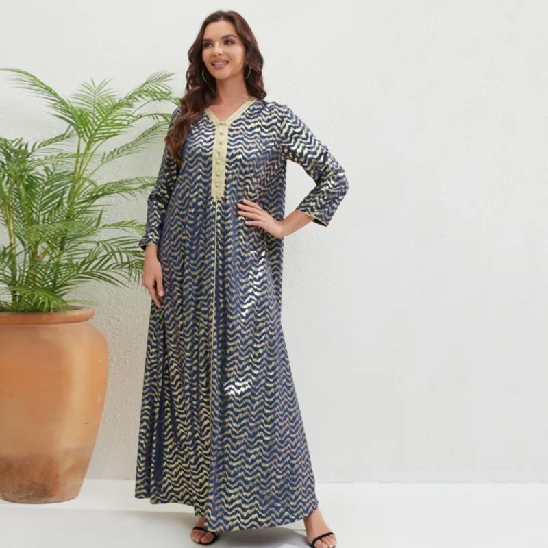 Casual Ladies Robe Maxi Dress Muslim African Dress Long Sleeve V Neck Loose Printed Classic Ethnic Dress 2023 Fall Vestidos XL