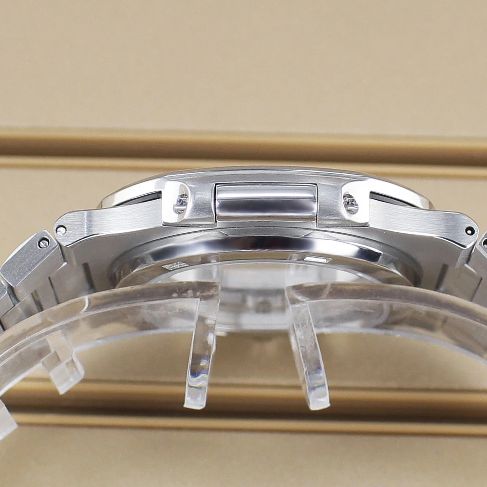 Ultradünnes 43,3 mm silbernes Uhrengehäuse, Saphirglas für Miyota 9015 Uhrwerk, 30 mm Zifferblatt, massives Stahlarmband, modifizierter Nautilus – Detail 8