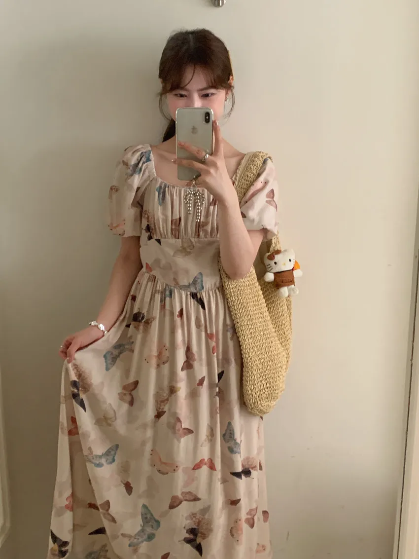 Französisch Retro Sommer neue schlanke Frauen Kleid Milch Kaffee Aprikose Puff Ärmel Kleider weiblich schick süß elegant Dame Frau Kleid – Detail 27