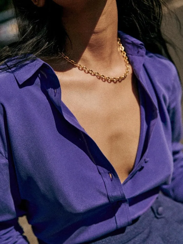 

Женская рубашка из 100% шелка, универсальная простая однобортная блузка с длинным рукавом и отложным воротником, несколько цветов на выбор