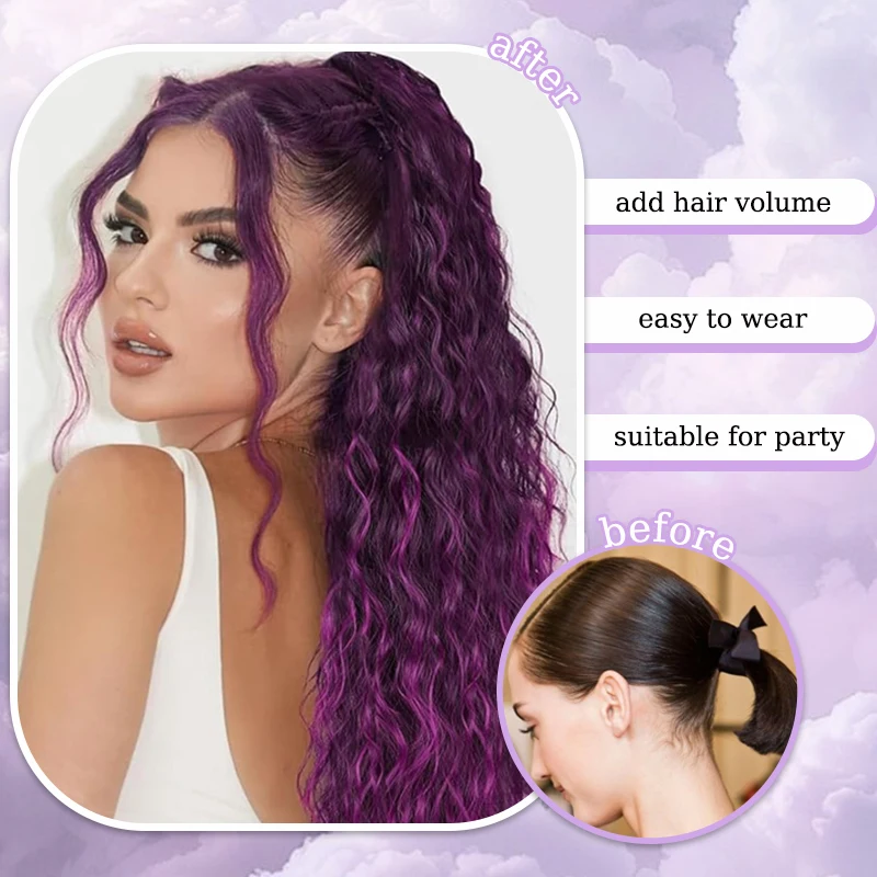 Purple Curly Hair Ponytail Extensions Wig 20inch Gradient Purple Water Wave Ponytail Claw Clip Hairpiece for Women Christmas Use