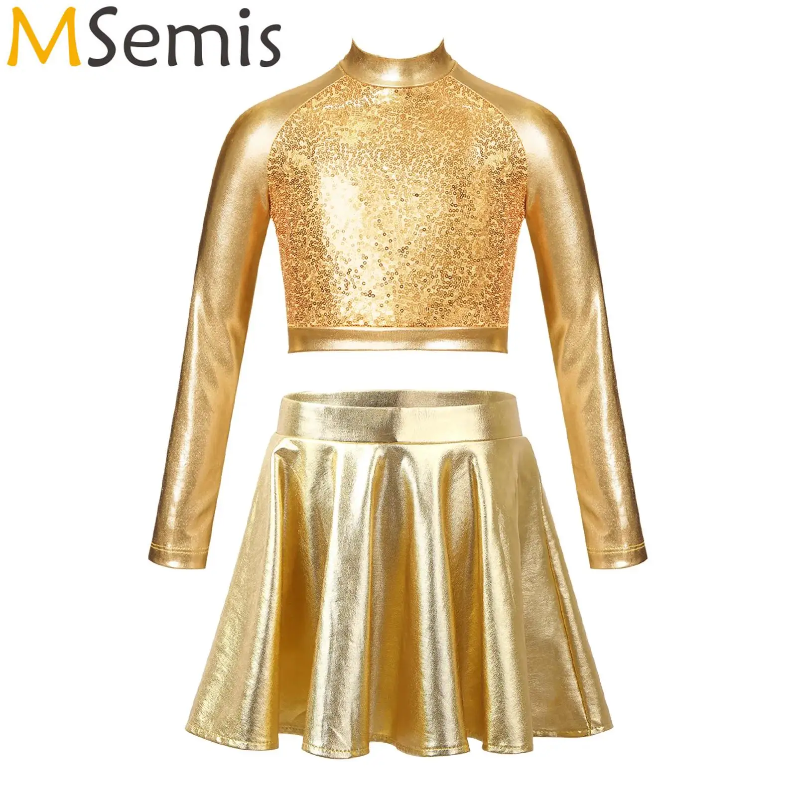 

Kids Girls Glossy Metallic Ballet Latin Dance Outfit Long Sleeve Sequin Crop Top Skating Short Skirt Suit for Figure Skating