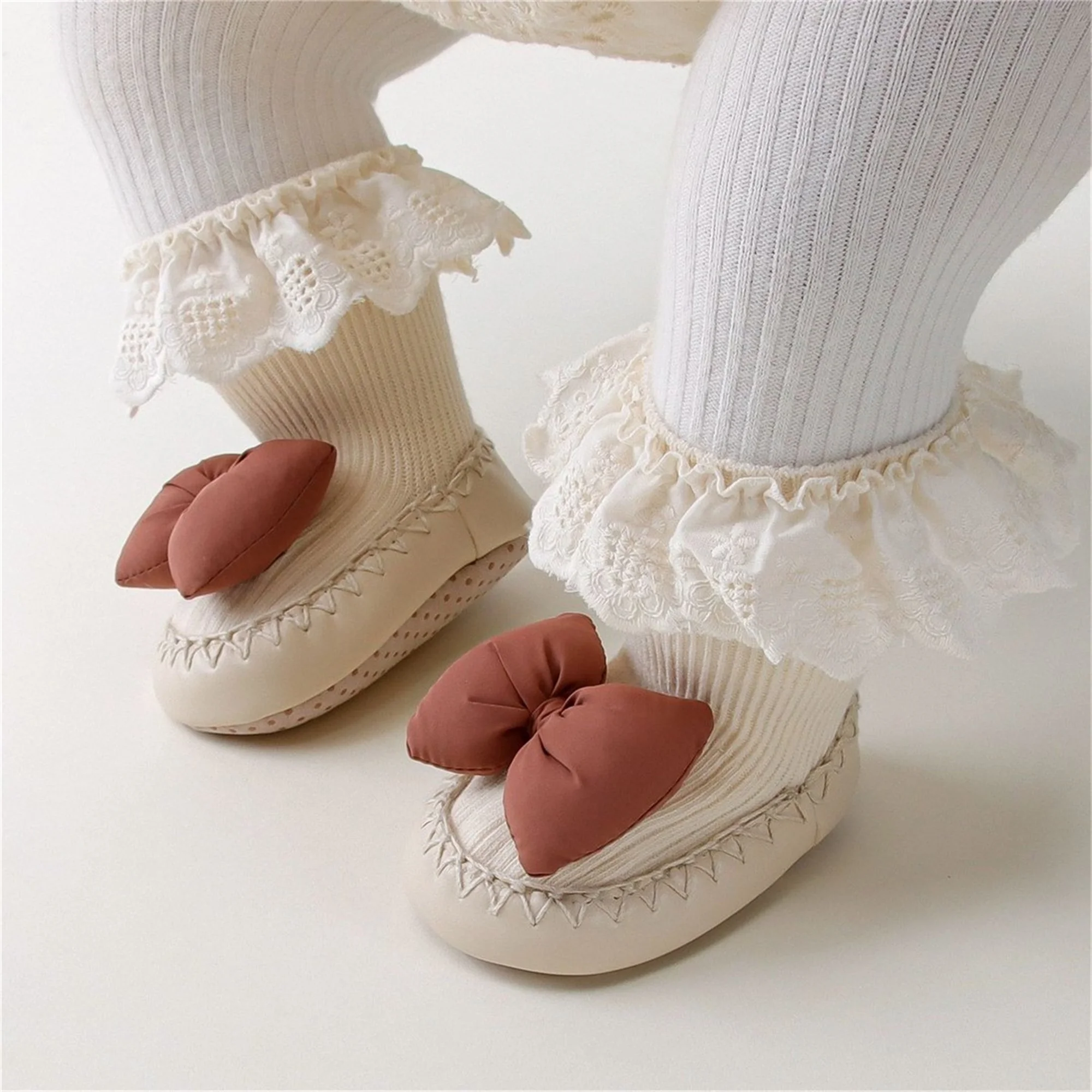 Adorable Unisex Knit Booties with Bow Detail and Soft Sole for Infants Cozy First Walker Socks for Indoor Use