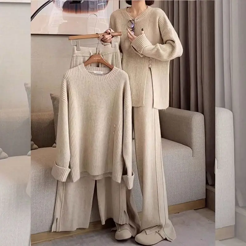 Women's Knitted 2-Piece Set Tracksuit Autumn Winter O-neck Pullover Sweater Wide Leg Pants Harajuku Warm Solid Casual Suit New