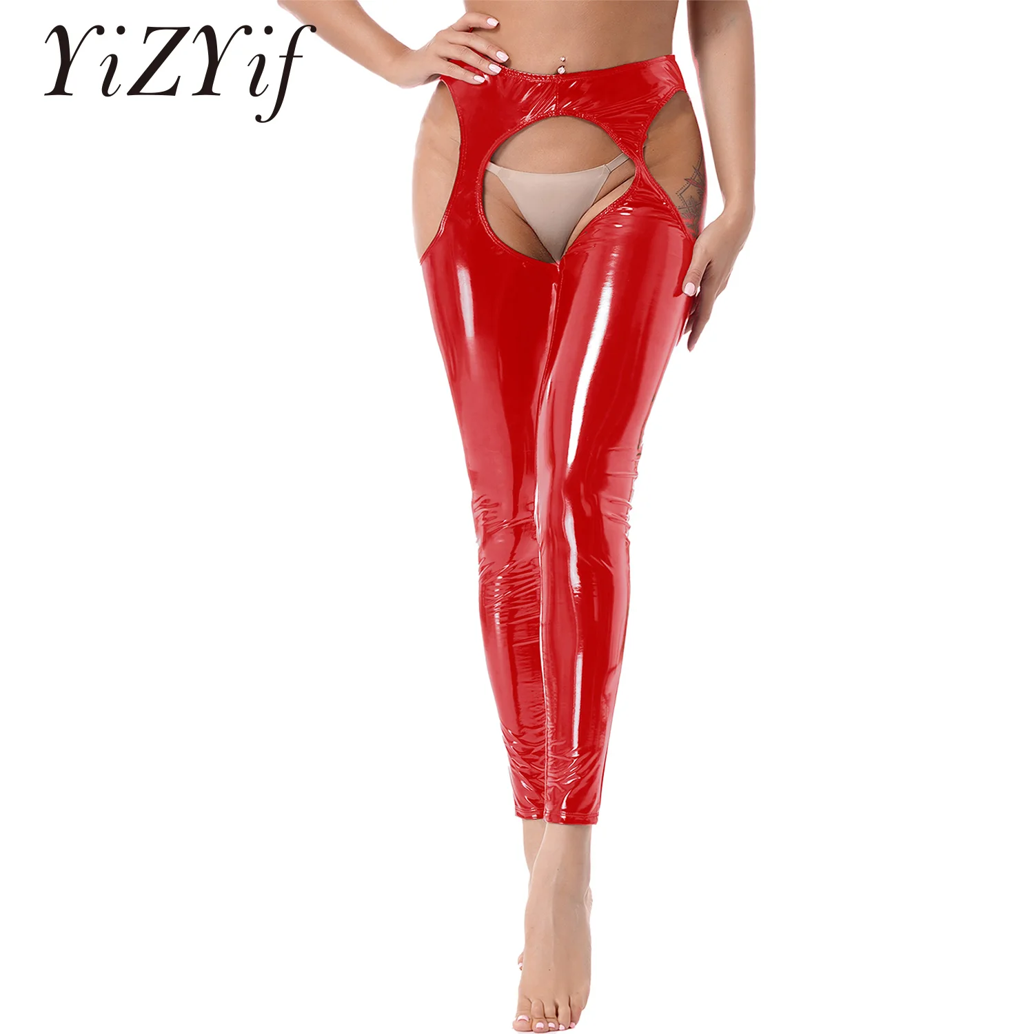 Women Erotic Crotchless Latex Leggings Pants Lingerie High Waist Patent Leather Open Crotch Skinny Pants Sissy Ladies Clubwear women lingerie set women leggings