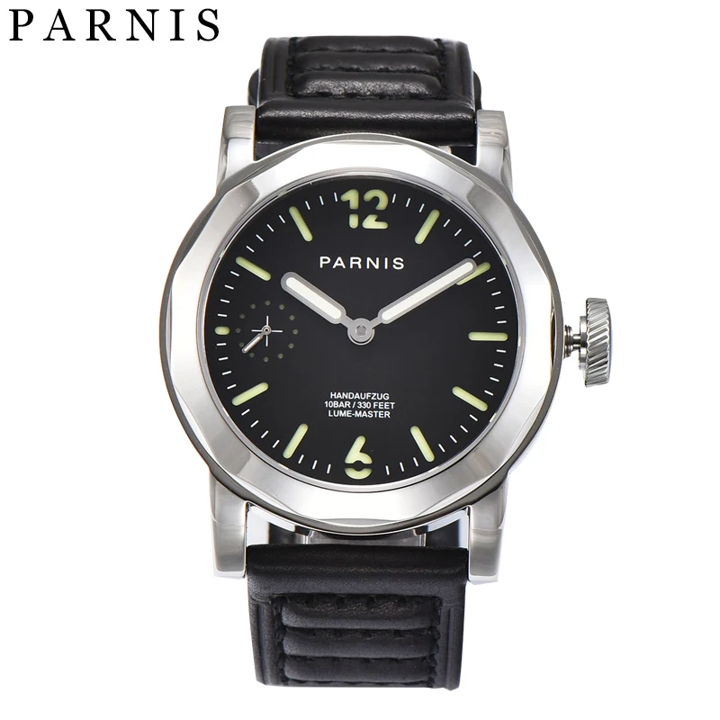 

New Parnis 43mm Silver Case Mechanical Hand Wind Watch Men Sapphire Crystal Luminous Leather Strap Waterproof Men's Watches Gift