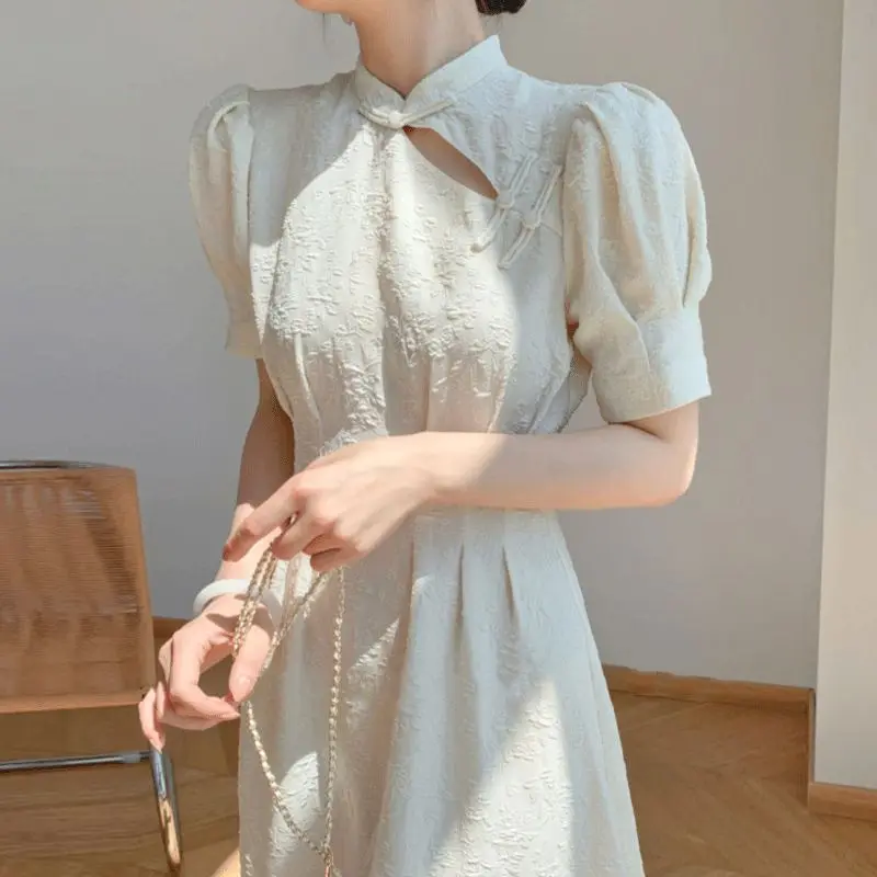 

TW23 Retro Improved White Cheongsam 2024 Women's Summer New French Dress Short Sleeves with High Temperament