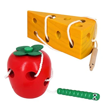 Montessori Activity Worm Eat Apple Kids Cheese Toys Wooden Threading Development Toys Toddler Travel Toys Car Plane Games Toys