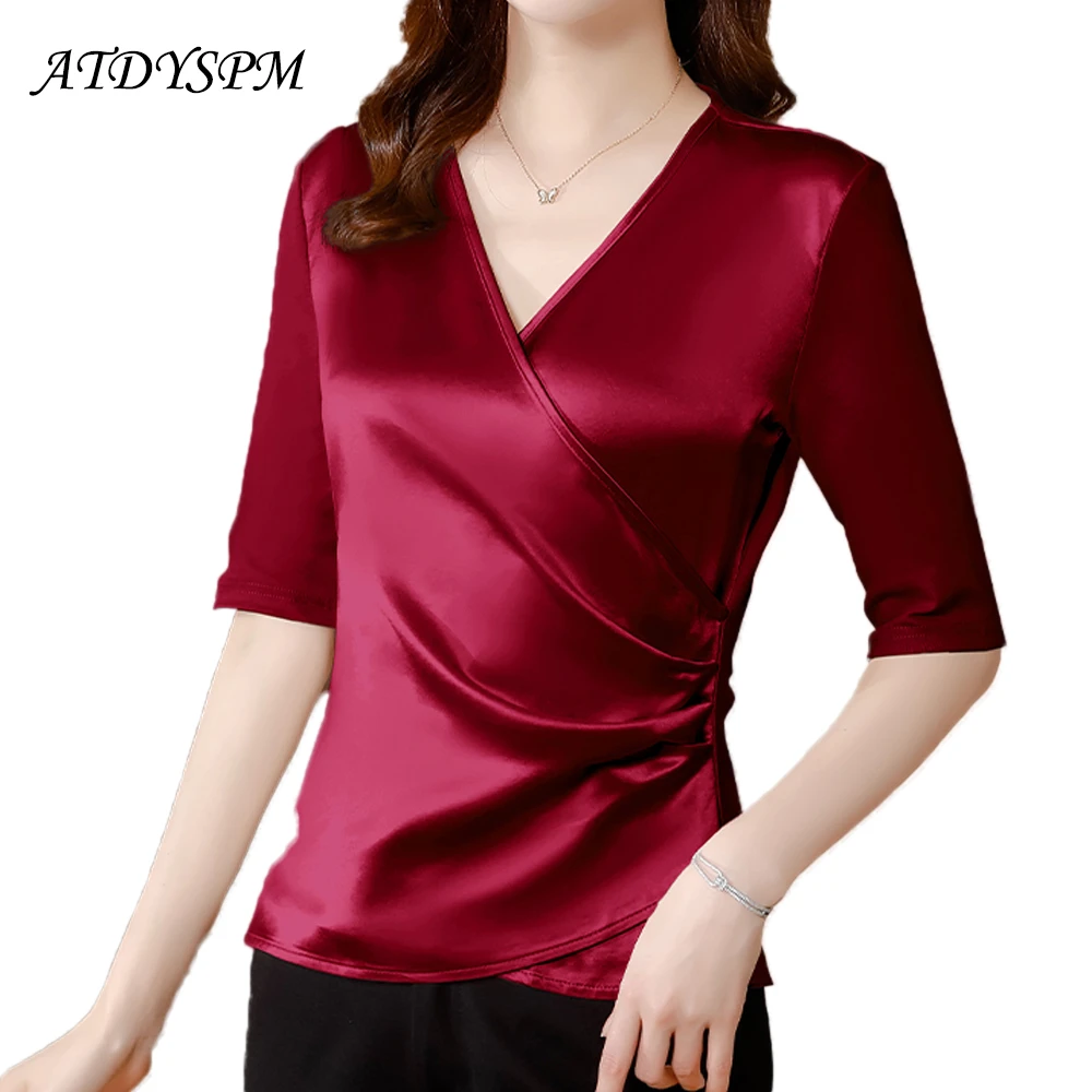 Camisas de satén para mujer, blusas sencillas y cómodas con cuello en V, blusas elegantes informales de manga corta, ropa para 2022| | - AliExpress