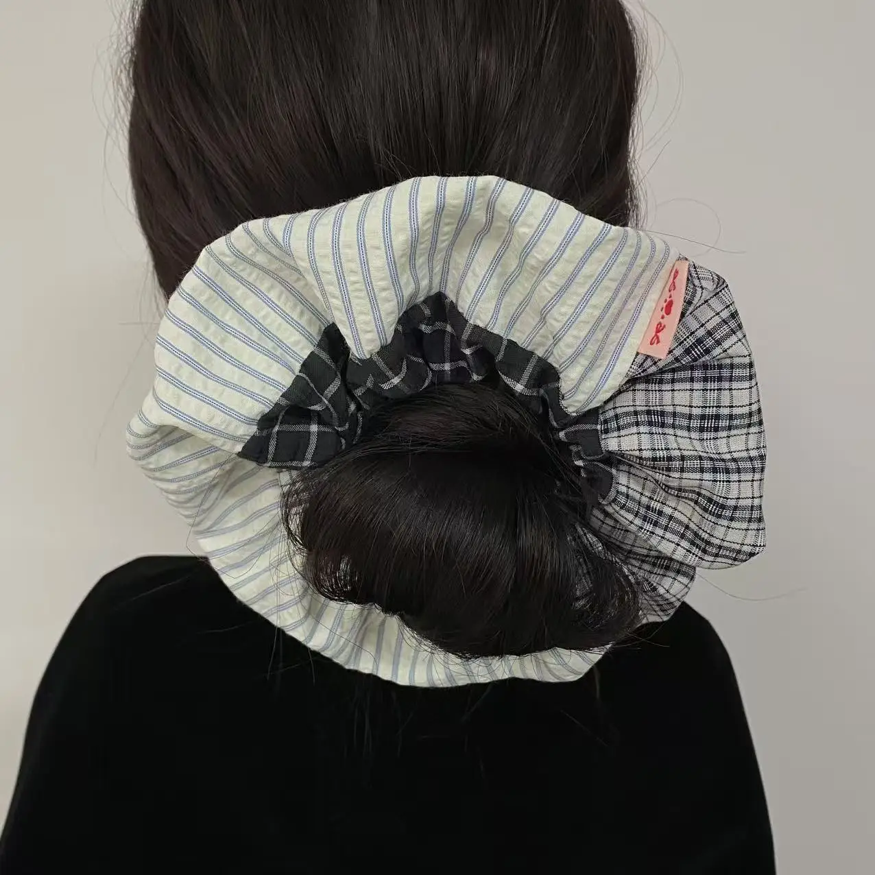 1PC Plaid And Striped Mixed Hair Scrunchie, Retro Fashion Hair Accessory For Women