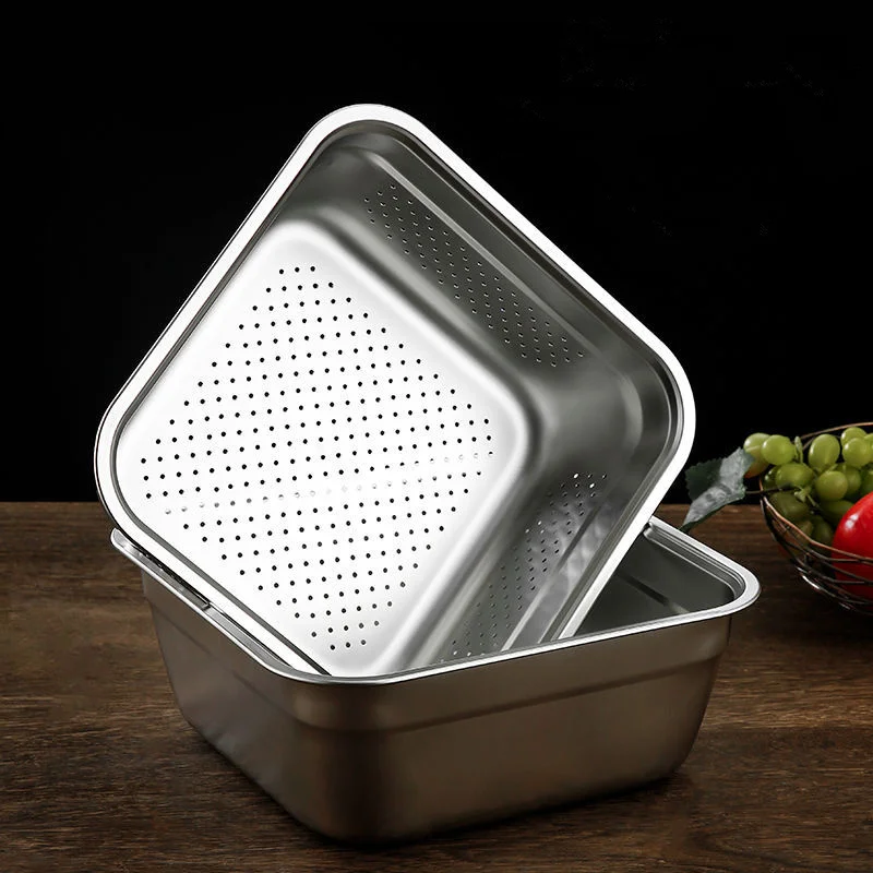 Stainless Steel Vegetable Fruit Drain Storage Tray Thicken Square Serving Salad Mixing Bowl Home Kitchen Filter Plates Container 2