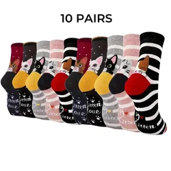 Women's Cat Pattern Crew Socks - 5 - Pack, Cute & Comfy, Fun & Moisture - Wicking - One Size (10 Pairs Multicolour)